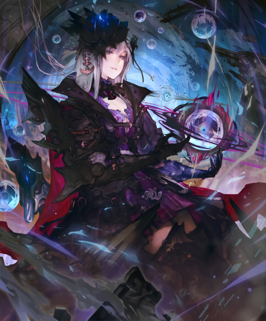 armor artist_request boots cygames darkness dress frills gauntlets gilnelise_omen_of_craving gloves grey_eyes hair_ornament hair_ribbon looking_at_viewer official_art orb ribbon ruins shadowverse smirk thigh_boots thighhighs white_hair