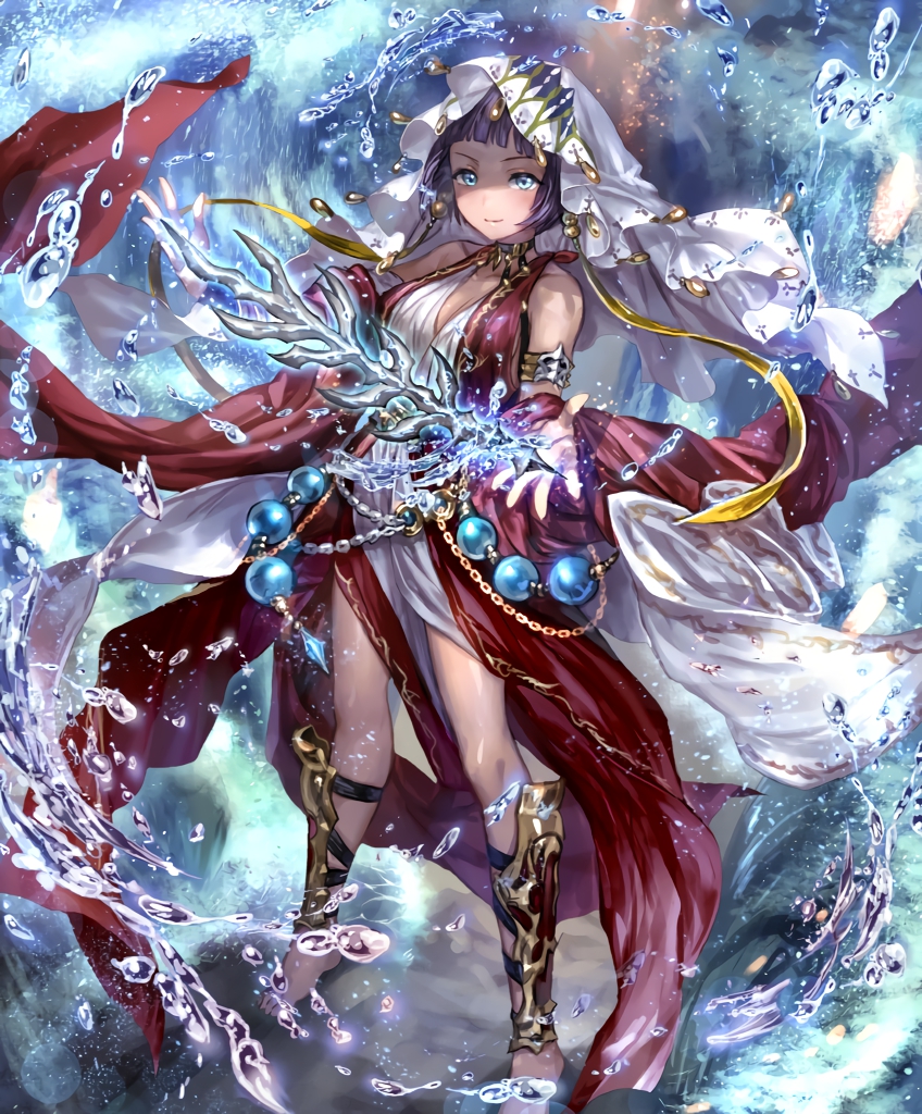 armlet artist_request bare_shoulders barefoot beads black_hair blue_eyes chain cygames looking_at_viewer official_art prophetess_of_creation shadowverse shin_guards short_hair smile veil water