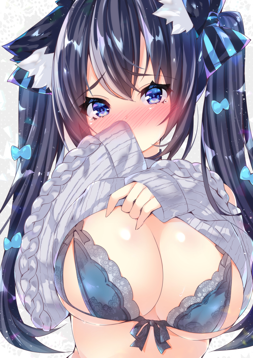 animal_ear_fluff animal_ears aran_sweater bangs black_hair blue_bra blue_eyes blush bow bow_bra bra breasts cat_ears cleavage commentary_request covered_mouth eyebrows_visible_through_hair grey_sweater hair_between_eyes hair_bow hands_up head_tilt highres large_breasts lifted_by_self long_hair long_sleeves nose_blush ooji_cha original oziko_(ooji_cha) sleeves_past_wrists solo striped striped_bow sweater twintails underwear upper_body very_long_hair