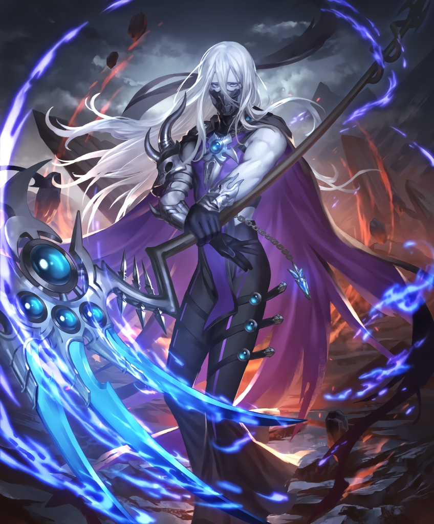 artist_request blue_fire cape cygames fire gauntlets gloves half-closed_eyes holding holding_weapon jewelry long_hair looking_at_viewer mask mountain official_art pale_skin pendant rulenye_omen_of_silence scythe shadowverse tabard weapon white_hair
