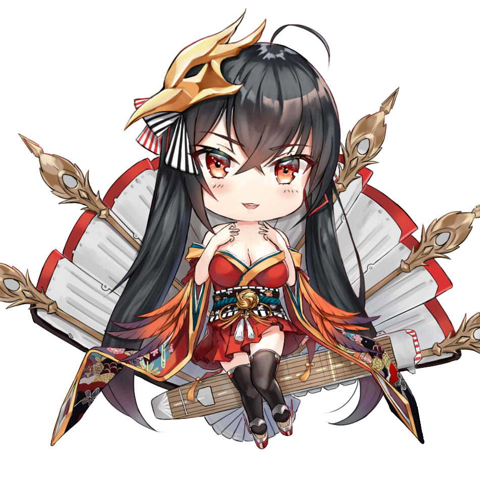 ahoge azur_lane bangs bare_shoulders black_hair black_legwear blush bow breasts chibi cleavage commentary_request eyebrows_visible_through_hair fan flight_deck folding_fan full_body hair_between_eyes hair_bow hands_up japanese_clothes kimono korean_commentary large_breasts lisu long_hair mask mask_on_head obi off_shoulder parted_lips pleated_skirt red_eyes red_kimono red_skirt round_teeth sash short_kimono short_sleeves simple_background skirt smile solo striped striped_bow taihou_(azur_lane) teeth thighhighs upper_teeth very_long_hair white_background wide_sleeves