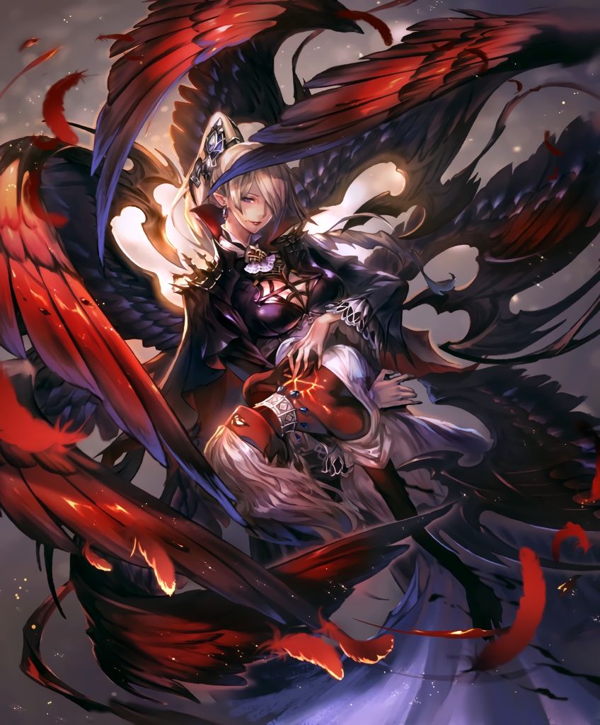 artist_request blonde_hair capelet chest_tattoo choker cygames feathered_wings hair_over_eyes hair_over_one_eye hand_on_another's_chest holding_person looking_at_viewer mole mole_under_mouth multiple_girls multiple_wings official_art pointy_ears ponytail purple_eyes red_skin seraph shadowverse tattoo valnareik_omen_of_lust white_hair wings