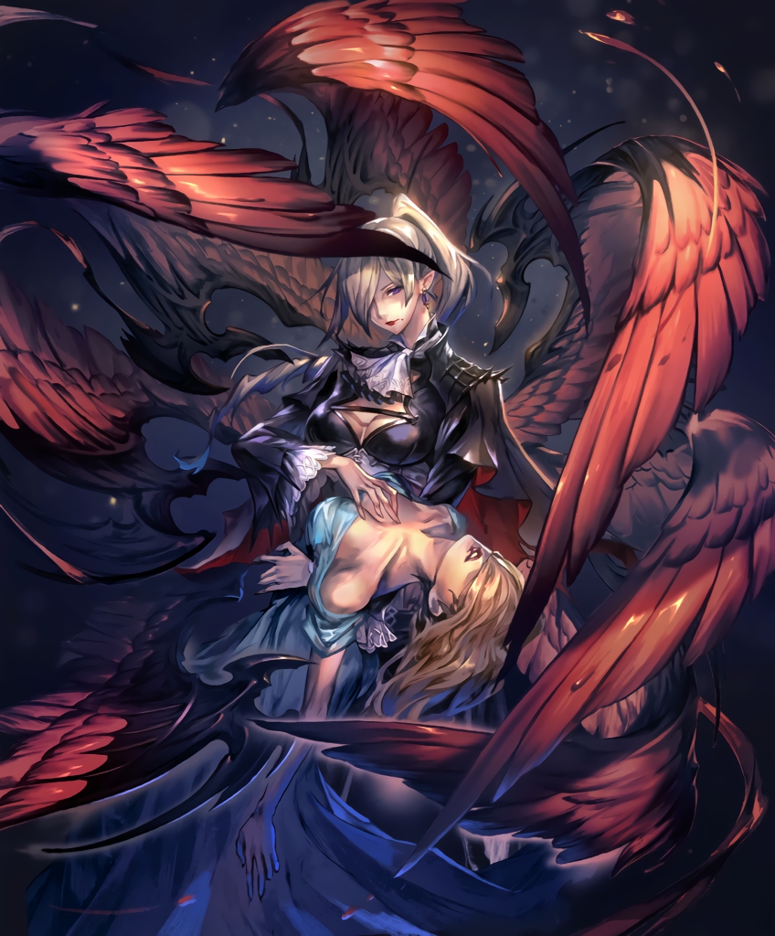 artist_request blonde_hair capelet cygames feathered_wings hair_over_eyes hair_over_one_eye hand_on_another's_chest holding_person looking_at_viewer mole mole_under_mouth multiple_girls multiple_wings official_art pointy_ears ponytail purple_eyes seraph shadowverse valnareik_omen_of_lust wings