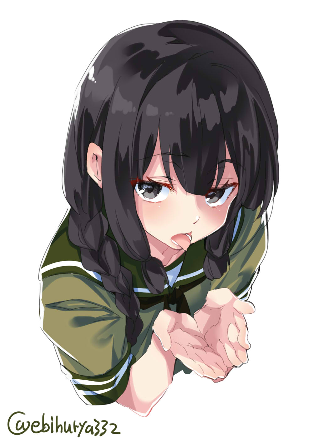 black_eyes black_hair black_neckwear blush colored_eyelashes cropped_torso cupping_hands ebifurya eyebrows_visible_through_hair eyelashes eyes_visible_through_hair green_sailor_collar green_serafuku green_shirt hair_between_eyes hair_over_shoulder half-closed_eyes hands_up highres kantai_collection kitakami_(kantai_collection) long_hair looking_at_viewer lower_teeth naughty_face neckerchief open_mouth own_hands_together raised_eyebrows sailor_collar school_uniform serafuku sexually_suggestive shiny shiny_hair shirt short_sleeves sidelocks simple_background sleeve_cuffs solo tongue tongue_out twitter_username upper_body white_background