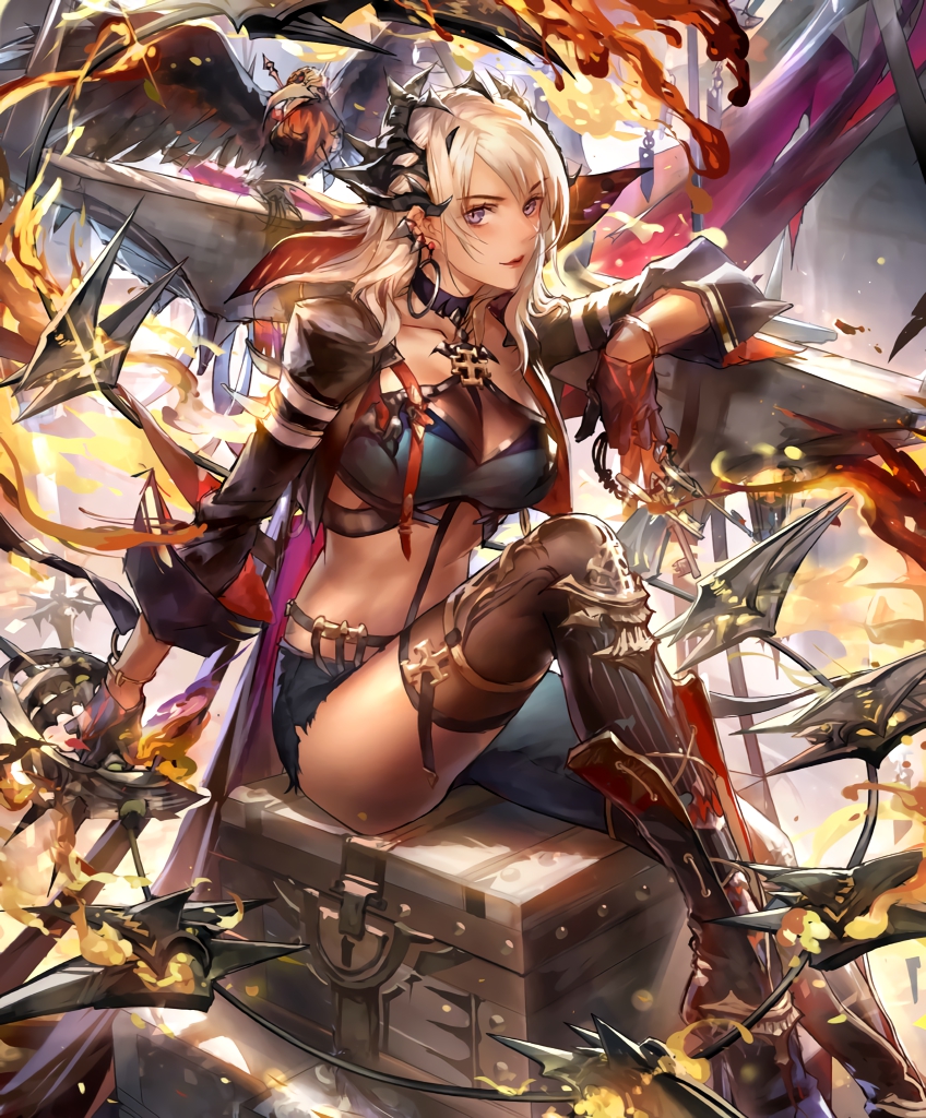 artist_request bird blonde_hair breasts chain_whip cygames earrings fire gloves high_heels jacket jewelry keyring large_breasts leg_up looking_at_viewer midriff octrice_omen_of_usurpation official_art purple_eyes shadowverse sitting sitting_on_chest smile thighhighs treasure_chest