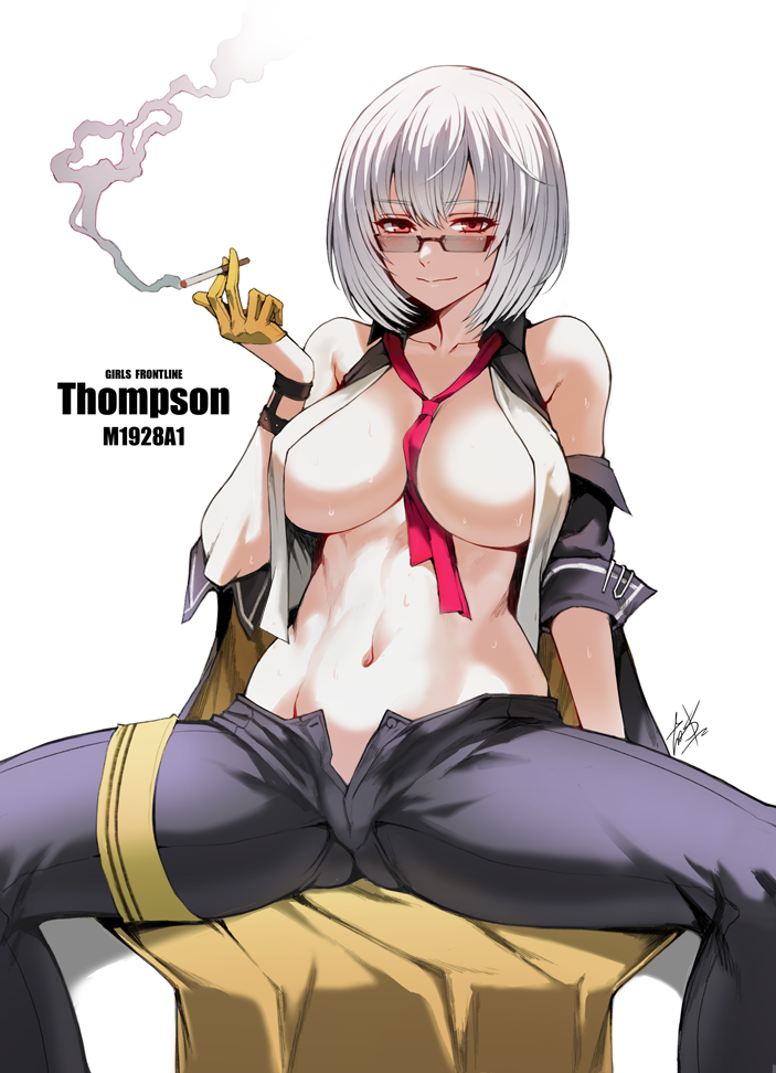 albino arm_support bangs bare_shoulders between_breasts black_pants blush breasts character_name cigarette cleavage closed_mouth coat collarbone commentary_request copyright_name eyebrows_visible_through_hair girls_frontline glasses gloves half_gloves holding holding_cigarette large_breasts leaning_back looking_at_viewer navel necktie necktie_between_breasts open_clothes open_coat open_fly open_pants open_vest pants pink_neckwear red_eyes safety_pin simple_background sitting smoke smoking solo spread_legs stomach sweat taesi thigh_strap thompson_submachine_gun_(girls_frontline) toned unbuttoned vest white_background white_hair white_vest wristband yellow_gloves