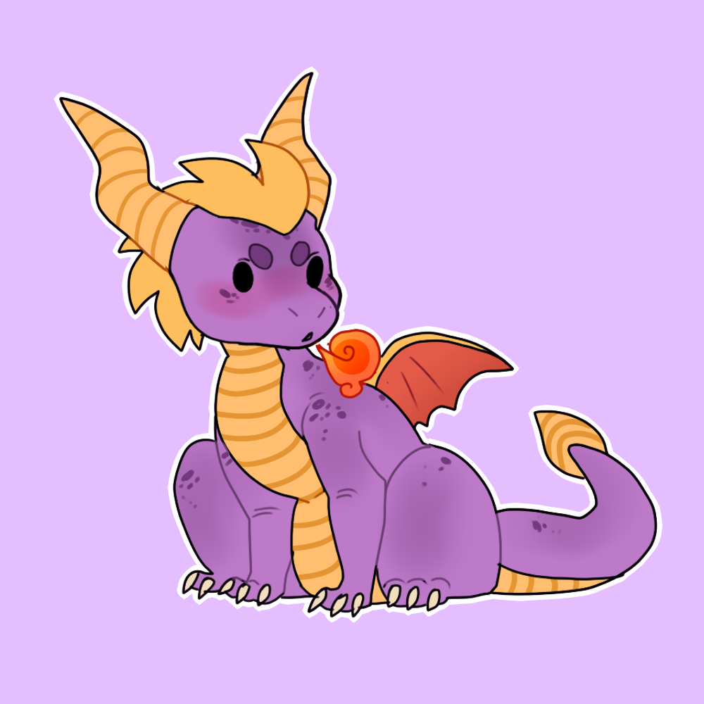 2018 belly_scales blush claws cute dragon fire gold_scales honey-beest horn male membranous_wings portrait purple_background purple_scales quadruped red_wings reptile scales scalie simple_background sitting solo spikes spyro spyro_the_dragon toe_claws video_games wings