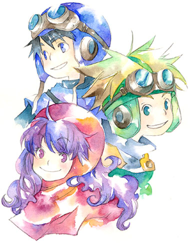 2boys commentary_request curly_hair dragon_quest dragon_quest_ii fantasy goggles goggles_on_head goggles_on_headwear hat hood hood_up long_hair looking_at_viewer lowres migii_(tenra_banshou) multiple_boys prince_of_lorasia prince_of_samantoria princess princess_of_moonbrook purple_eyes purple_hair simple_background traditional_media upper_body watercolor_(medium) white_background