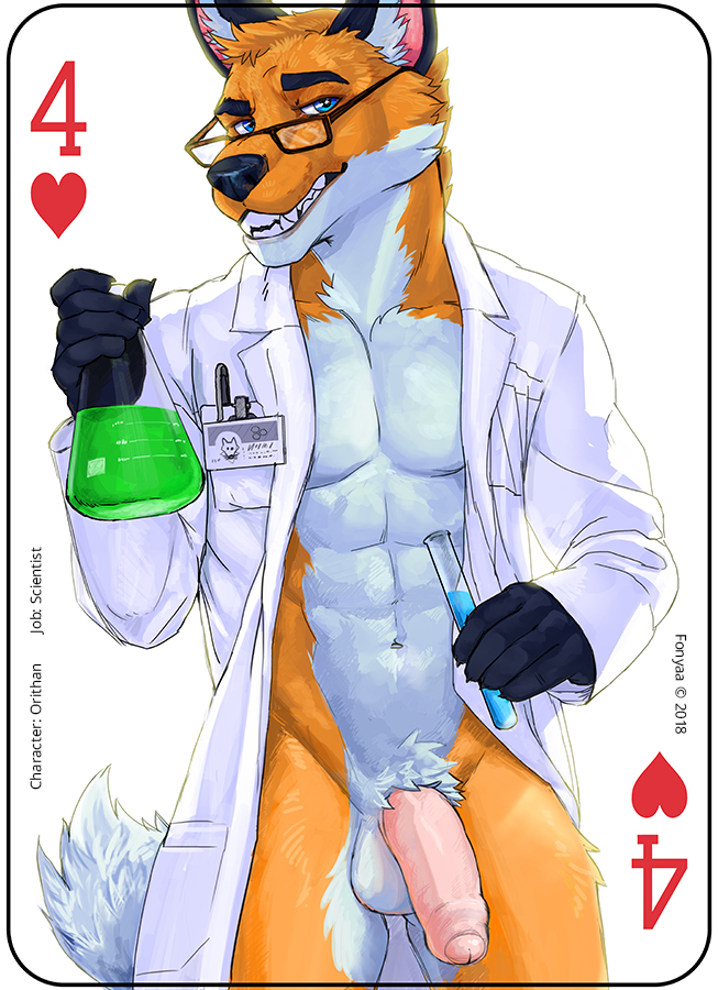 2018 abs anthro balls blue_eyes bottomless canine card clothed clothing coat digital_media_(artwork) english_text eyewear fonyaa foreskin fox fur glasses half-erect holding_object humanoid_penis lab_coat looking_at_viewer male mammal muscular muscular_male orange_fur pecs penis playing_card red_fox science simple_background smile solo standing teeth text uncut vial white_background white_balls white_fur