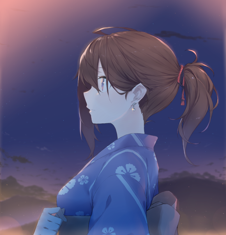 back_bow blue_kimono bow brown_eyes brown_hair cloud earrings fhang fingernails glint grey_bow hair_ribbon hand_up japanese_clothes jewelry kimono looking_away mountain night night_sky obi original outdoors parted_lips ponytail profile red_ribbon ribbon sash sidelocks sky solo star_(sky) starry_sky upper_body