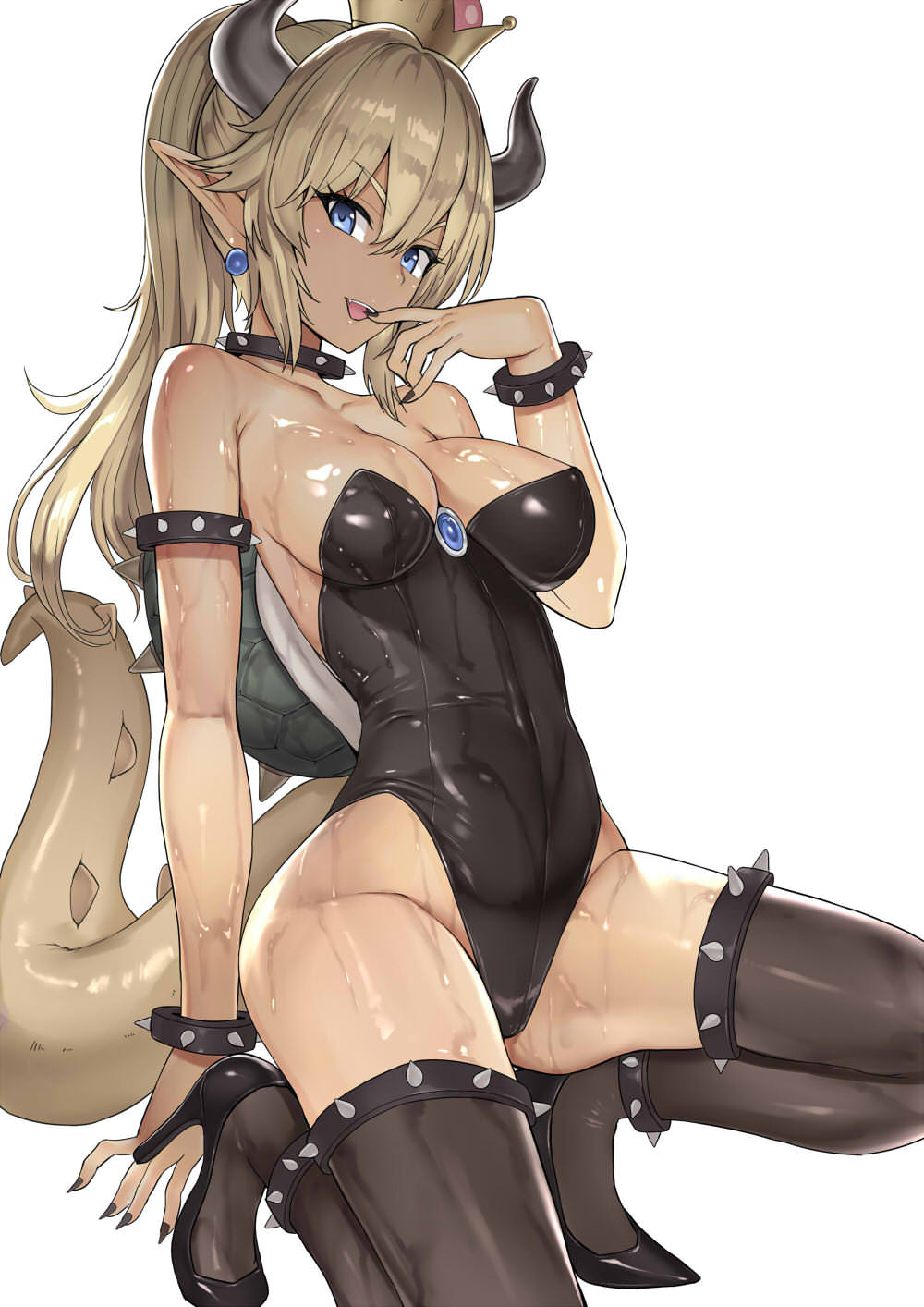 animal_humanoid armband bite biting_finger blonde_hair blue_eyes bowser bowsette_meme bracelet breasts clothing crossgender ear_piercing eyebrows_visible_through_hair female finger_in_mouth footwear hair hakaba/dairiseki high_heels horned_humanoid humanoid jewelry kneeling koopa legwear leotard long_ears looking_at_viewer mario_bros nintendo open_mouth piercing scalie shoes simple_background solo spikes super_crown thigh_highs video_games wet wide_hips