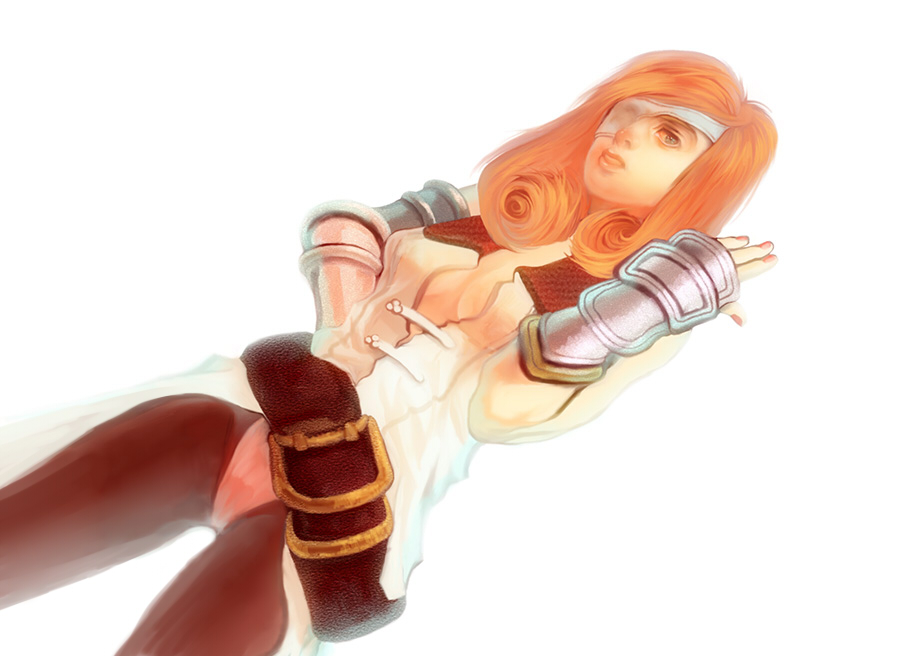 armor beatrix belt breasts brown_eyes brown_hair cleavage commentary_request eyepatch final_fantasy final_fantasy_ix gloves long_hair nanashino_(mochiora0315) pantyhose simple_background solo white_background
