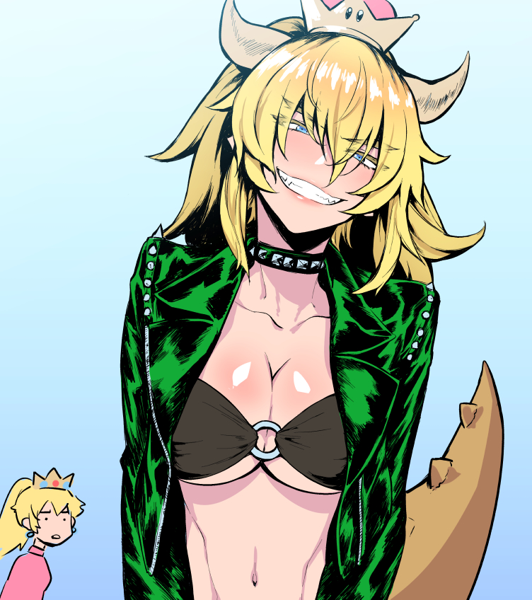 alternate_costume black_collar blonde_hair blue_background blush bowsette breasts cleavage collar collarbone commentary_request crown eyebrows_visible_through_hair green_jacket hair_between_eyes horns jacket large_breasts mario_(series) midriff multiple_girls navel new_super_mario_bros._u_deluxe o-ring o-ring_bikini o-ring_top open_clothes open_jacket pointy_ears princess_peach sharp_teeth smile solo_focus spiked_collar spiked_tail spikes super_crown tail teeth tkhs upper_body