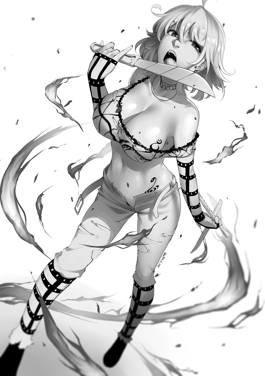 arm_at_side bangs bare_shoulders belt belt_buckle breast_tattoo breasts buckle cleavage collarbone crop_top full_body greyscale half-closed_eyes hand_up highres hikage_(senran_kagura) holding holding_knife holding_weapon knife licking licking_weapon looking_at_viewer lulu-chan92 machete midriff monochrome navel off_shoulder open_clothes open_fly open_pants pants pinky_out senran_kagura short_hair sidelocks solo standing stomach stomach_tattoo tattoo tongue tongue_out undone_belt weapon