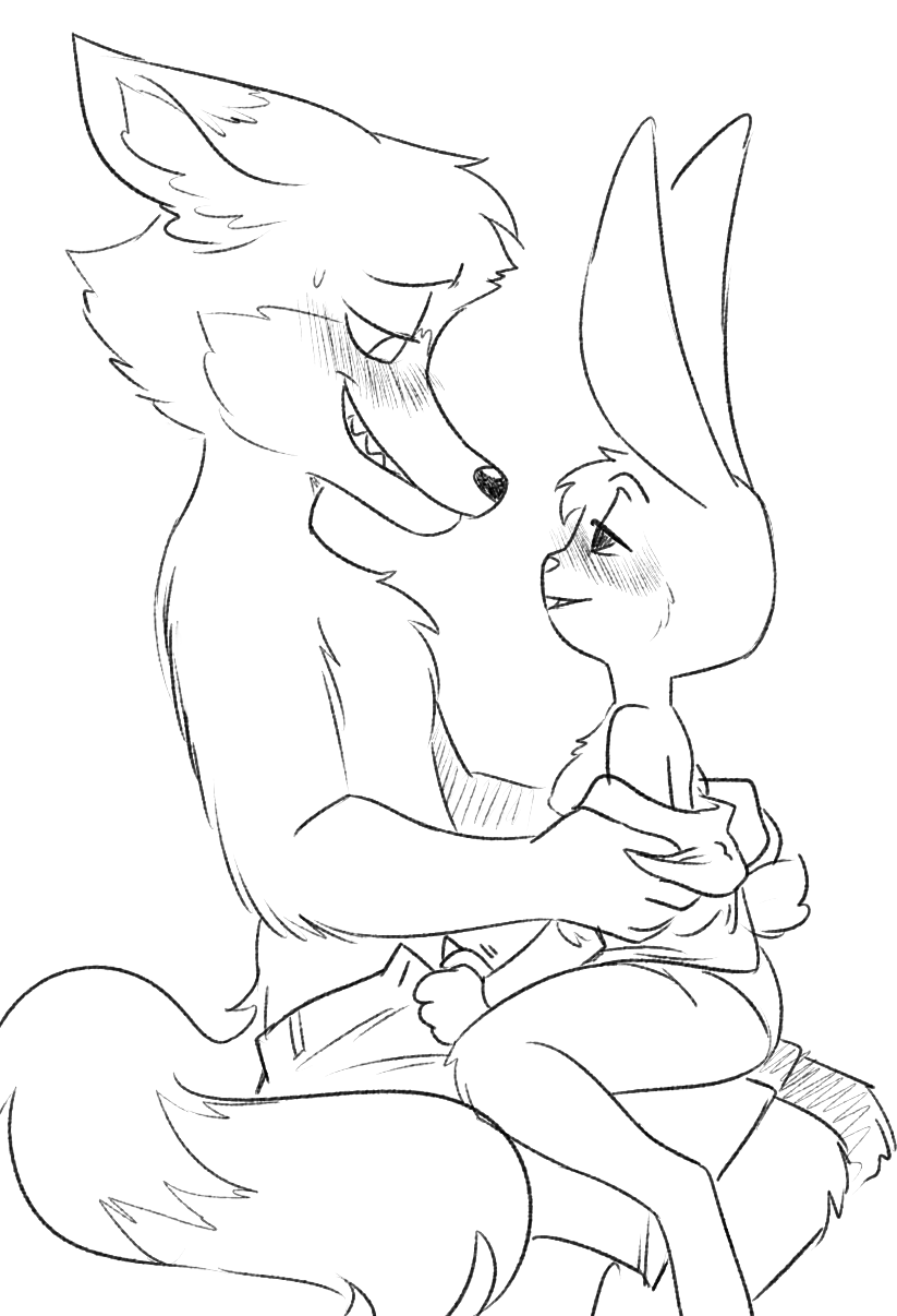 assisted_exposure black_and_white blush canine clothed clothing disney duo female fox judy_hopps lagomorph male male/female mammal monochrome nick_wilde rabbit side_view simple_background sweat sweatdrop topless unnecessaryfansmut white_background zootopia