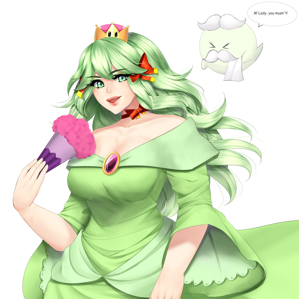 &gt;_&lt; 1boy 1girl boo bow breasts cleavage collarbone commentary crown daypoo dress english english_commentary eyebrows_visible_through_hair eyelashes facial_hair fan fang feather_fan folding_fan gem green_dress green_eyes green_hair hair_bow humanization large_breasts lipstick long_hair looking_at_viewer makeup mustache neck_ribbon off-shoulder_dress off_shoulder paper_mario red_bow resaresa ribbon sebastian_(paper_mario) speech_bubble strapless strapless_dress super_crown wavy_hair white_background wide_sleeves