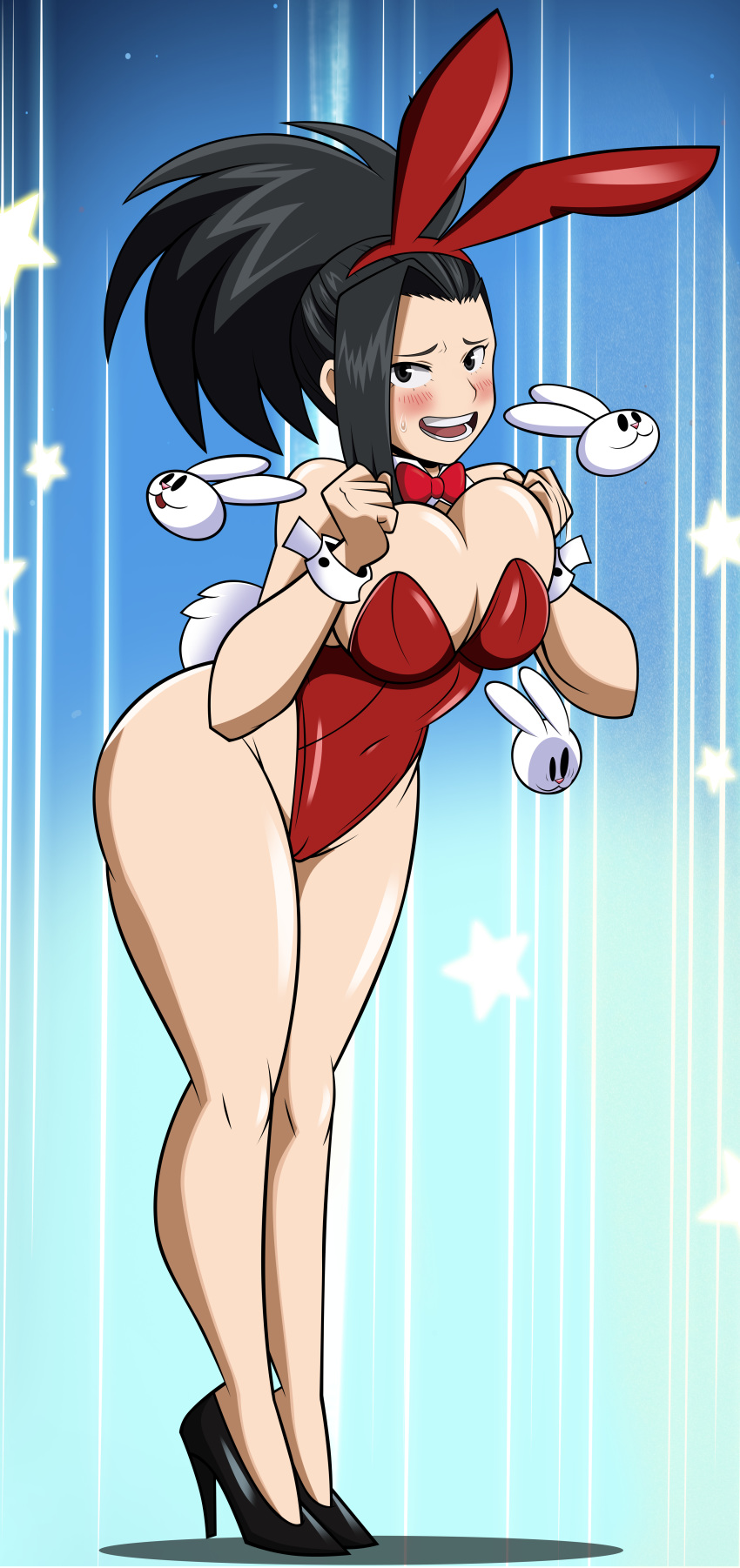 1_girl animal_ears ass black_eyes black_hair blush boku_no_hero_academia breasts bunny_ears bunny_suit bunny_tail cleavage curvy eyelashes female grimphantom heels high_heels hips large_breasts legs leotard long_hair looking_at_viewers open_mouth ponytail pose solo standing tail thick_thighs thighs thong wide_hips yaoyorozu_momo