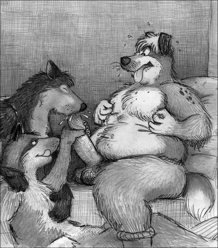 anthro balls bd belly black_and_white canine claws clothed clothing cum dog eyes_closed fur group half-closed_eyes hand_on_penis handjob humanoid_penis lying male male/male mammal monochrome navel nipple_pinch nude oral overweight overweight_male pencil_(artwork) penis pinch saliva sex sitting slightly_chubby tongue tongue_out topless traditional_media_(artwork) whiskers