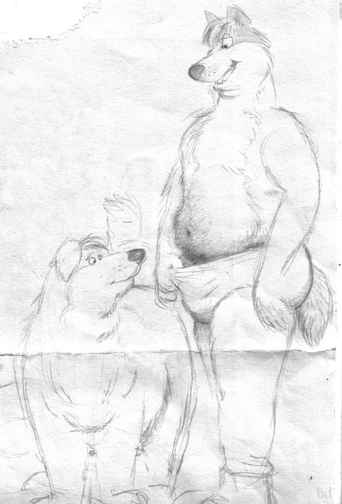 ambiguous_gender anthro anthro_on_feral bd belly bestiality black_and_white bulge canine clothed clothing dog duo feral fur half-closed_eyes looking_at_penis male male/ambiguous mammal monochrome navel open_mouth overweight pencil_(artwork) penis sketch slightly_chubby smile topless traditional_media_(artwork) underwear