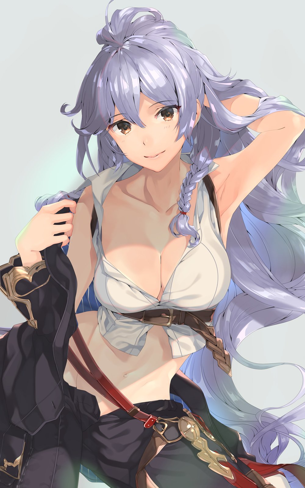 armpits bare_shoulders belt braid breasts brown_eyes cleavage collarbone commentary granblue_fantasy groin highres large_breasts long_hair looking_at_viewer midriff naruse_hirofumi navel removing_jacket silva_(granblue_fantasy) silver_hair smile unbuttoned unbuttoned_pants unbuttoned_shirt