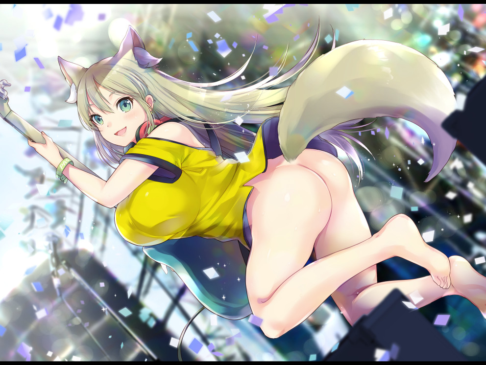 :d animal_ear_fluff animal_ears ass bangs barefoot bass_guitar blush bottomless breasts confetti day ear_piercing extra_ears feet_out_of_frame fox_ears fox_tail green_eyes hair_between_eyes headphones headphones_around_neck huge_breasts instrument long_hair looking_at_viewer miyano_ururu naked_shirt no_panties open_mouth original outdoors piercing shirt smile solo stage tail