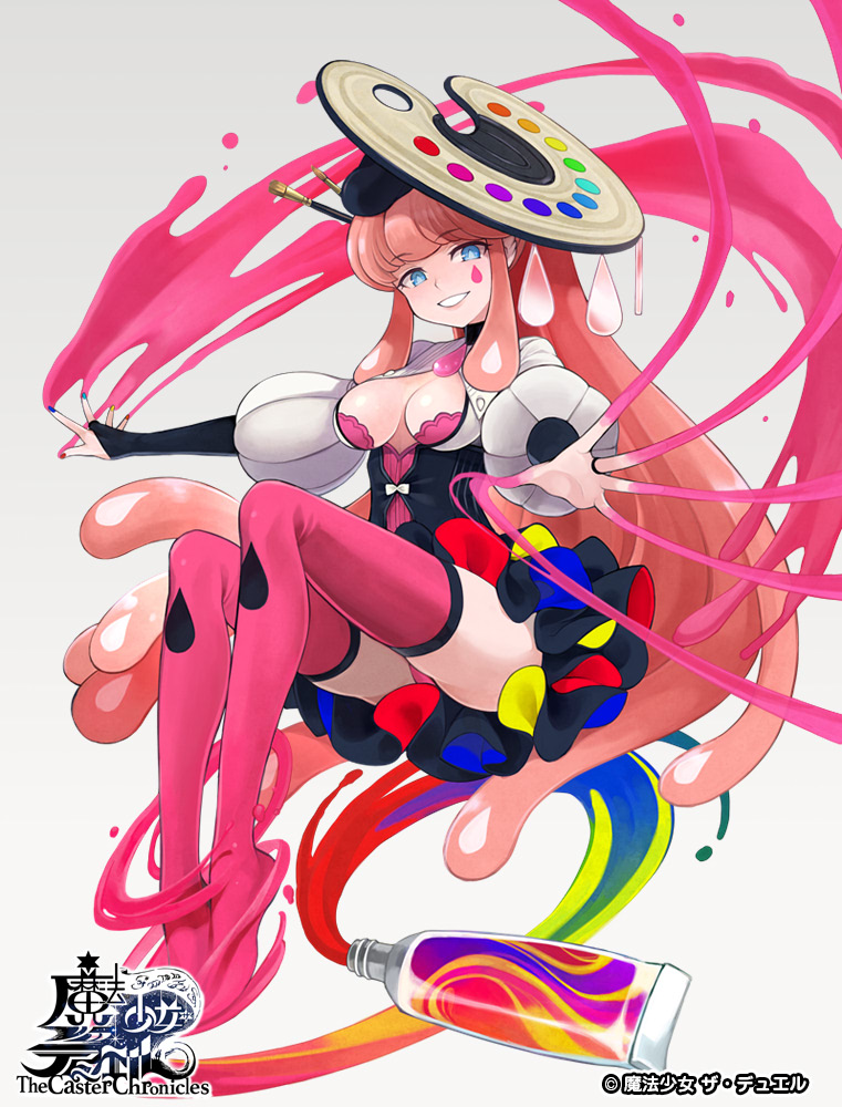 blue_eyes blue_nails breasts copyright_name facial_tattoo full_body long_hair medium_breasts nail_polish official_art paint paint_tube paintbrush palette parted_lips pink_hair pink_legwear pink_nails puffy_sleeves sidelocks skirt smile solo tattoo teardrop the_caster_chronicles thighhighs very_long_hair watermark yuko_(uc_yuk)