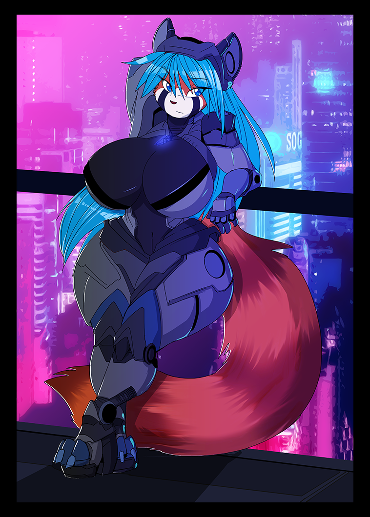 anthro armor big_breasts bodysuit breasts clothing dracojeff female hair helmet huge_breasts looking_at_viewer mammal red_panda skinsuit solo thick_thighs tight_clothing voluptuous wide_hips