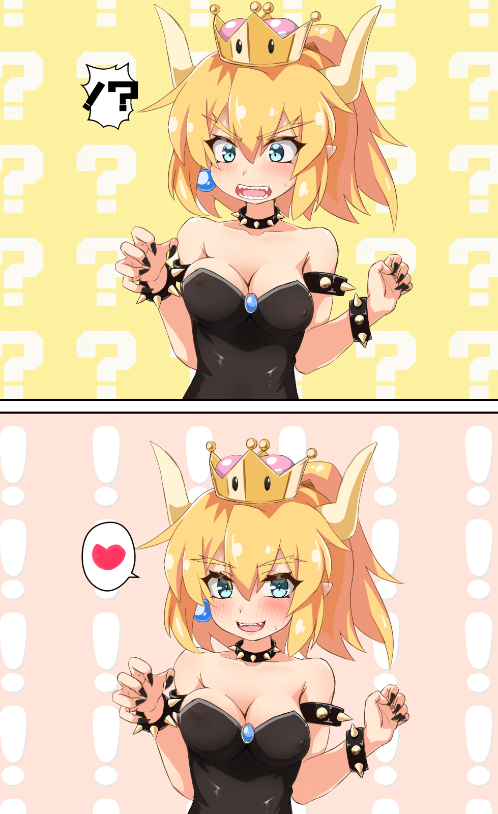 !? 1girl 2koma ? bangs bare_shoulders black_dress black_nails blonde_hair blue_eyes blush bowsette bracelet breasts claw_pose cleavage collar comic crown dress eyebrows_visible_through_hair gem hair_between_eyes heart highres horns jewelry koda long_hair looking_at_viewer mario_(series) medium_breasts multiple_views nail_polish new_super_mario_bros._u_deluxe open_mouth pointy_ears ponytail sharp_teeth smile speech_bubble spiked_armlet spiked_bracelet spiked_collar spiked_shell spikes spoken_heart strapless strapless_dress super_crown sweatdrop teeth upper_body