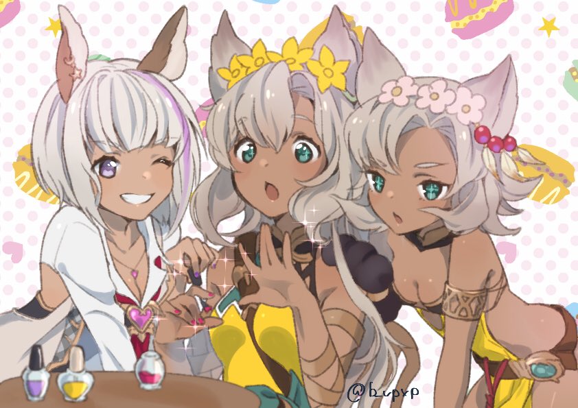 b_vpxp backless_outfit breasts chestnut_mouth chloe_(granblue_fantasy) cleavage collared_shirt commentary dark_skin erune flower granblue_fantasy green_eyes grey_hair grin hair_flower hair_ornament heart melleau multicolored_hair multiple_girls nail_polish nail_polish_bottle nemone one_eye_closed polka_dot polka_dot_background purple_eyes purple_hair shirt siblings sisters smile sparkle sparkling_eyes table tan twitter_username two-tone_hair white_hair