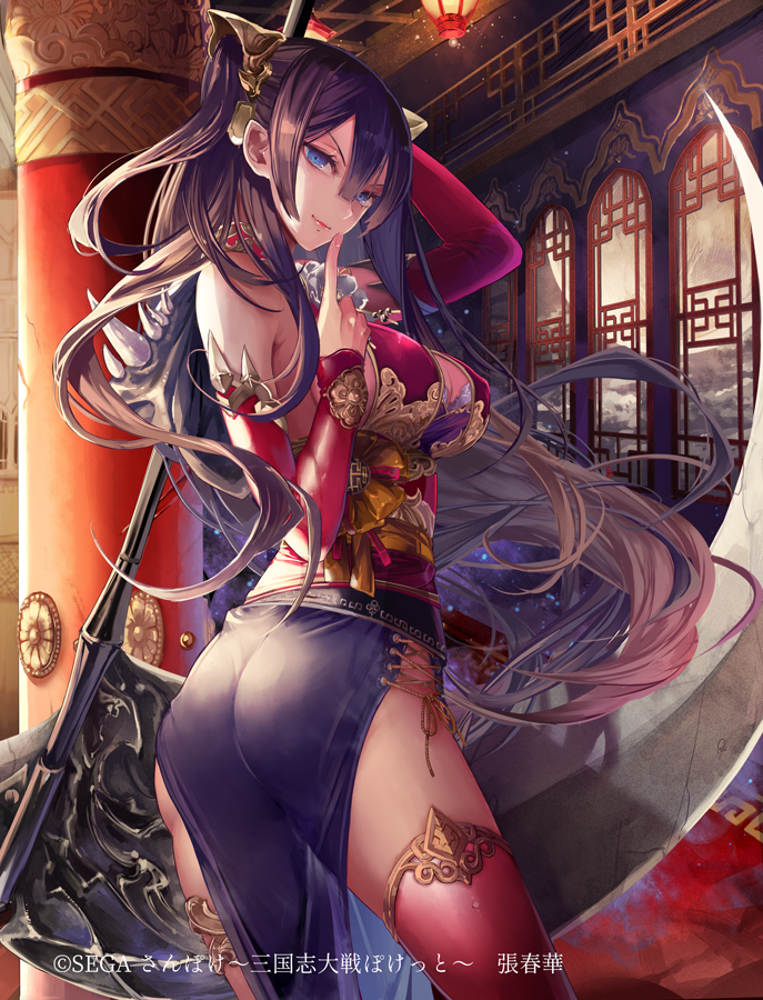 ass blue_eyes breasts brown_hair column commentary_request company_name detached_sleeves east_asian_architecture hair_between_eyes holding holding_weapon index_finger_raised lantern large_breasts long_hair official_art pillar sangokushi_taisen scythe standing very_long_hair watermark weapon yukisame