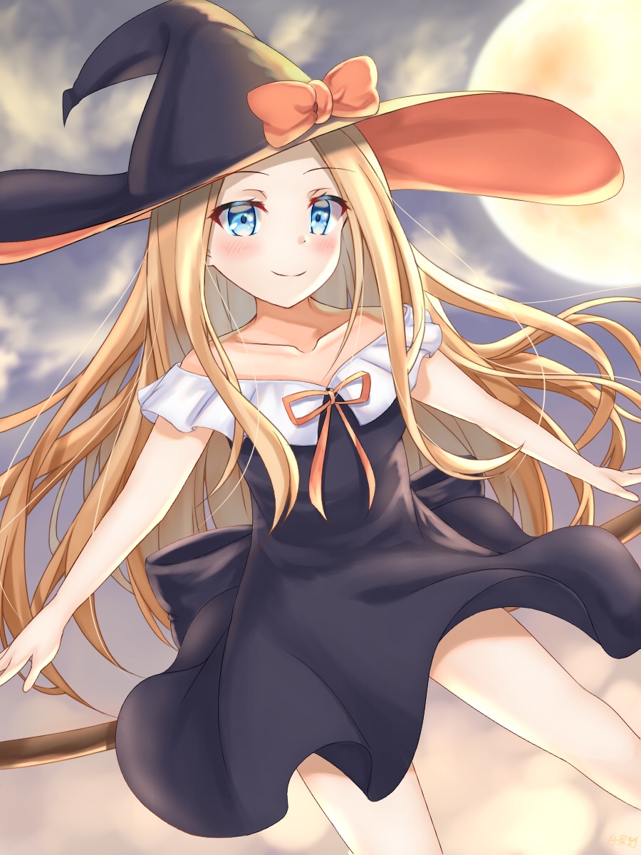 abigail_williams_(fate/grand_order) back_bow bad_id bad_pixiv_id bangs black_bow black_dress black_hat blonde_hair blue_eyes blush bow bug butterfly closed_mouth cloud cloudy_sky collarbone commentary_request dress eyebrows_visible_through_hair fate/grand_order fate_(series) forehead full_moon hat hat_bow highres insect long_hair long_sleeves moon off-shoulder_dress off_shoulder orange_bow parted_bangs sky smile solo tsukiyono very_long_hair witch_hat