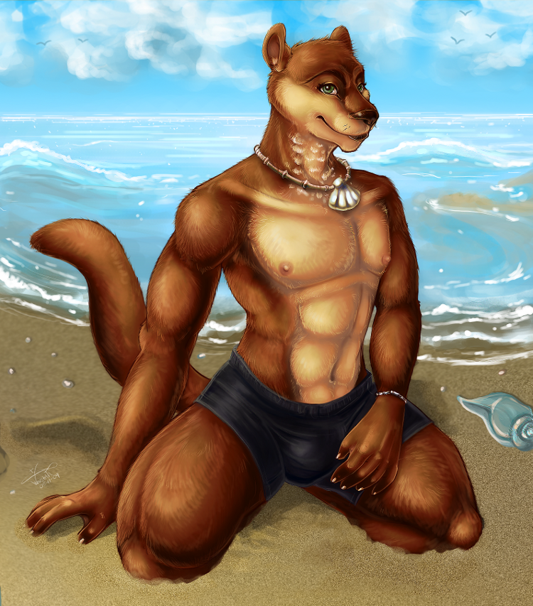 2009 5_fingers abs anthro beach biped black_bottomwear black_clothing black_underwear blue_sky boxers_(clothing) bracelet brodie_(hurst) brown_fur brown_nose brown_tail claws clothed clothing cloud day detailed_background digital_media_(artwork) front_view full-length_portrait fur green_eyes jewelry kneeling looking_at_viewer male mammal multicolored_fur muscular muscular_male mustelid navel necklace nipples otter outside pecs pink_nipples portrait sand sea seaside shell signature sky solo tan_fur thick_tail topless two_tone_fur underwear water webbed_hands white_claws wovstah
