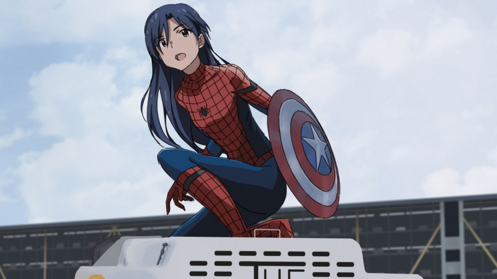 alternate_costume bangs blue_hair blue_sky blurry blurry_background bodysuit captain_america_civil_war cloud cosplay covered_collarbone crossover day eyebrows_visible_through_hair flat_chest full_body holding_shield idolmaster kisaragi_chihaya knee_up kneeling long_hair marvel multicolored multicolored_bodysuit multicolored_clothes open_mouth outdoors parody shield shiny shiny_hair sky solo spider-man spider-man_(cosplay) star taku1122 teeth yellow_eyes
