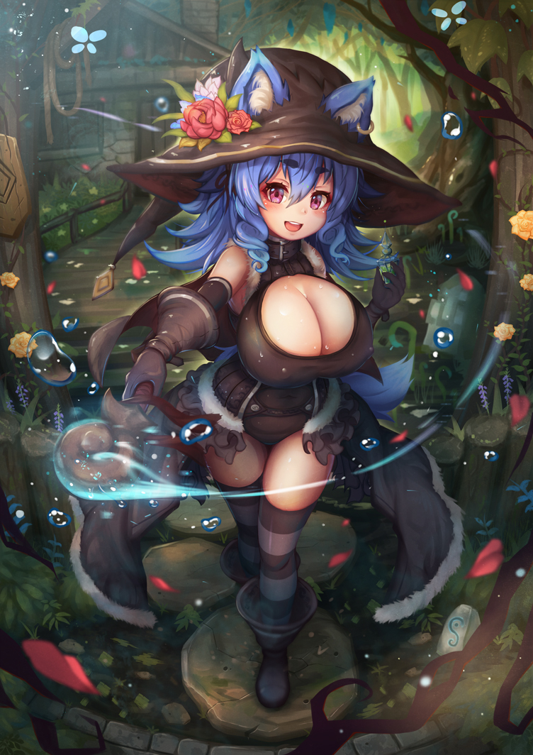 :d ai_gon_deroga animal_ear_fluff animal_ears bare_shoulders blue_hair blurry boots breasts bridge cleavage cleavage_cutout depth_of_field ears_through_headwear eyebrows_visible_through_hair flower forest fur_trim gloves hair_between_eyes hat hat_flower house huge_breasts jewelry leather leotard magic medium_hair nature open_mouth oppai_loli original pink_eyes potion revision showgirl_skirt single_earring smile solo staff striped striped_legwear tail thighhighs tree water witch witch_hat wolf_ears wolf_tail