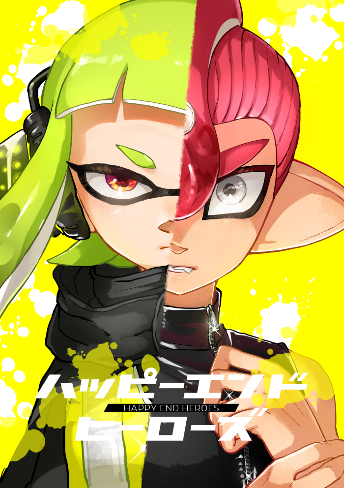 1girl bangs black_jacket blunt_bangs brown_eyes closed_mouth commentary cover cover_page dark_skin domino_mask doujin_cover frown green_hair grey_eyes hat headgear inkling jacket leather leather_jacket long_hair looking_at_viewer makeup mascara mask octarian octoling pointy_ears red_hat sharp_teeth short_hair sparkling_eyes splatoon_(series) splatoon_2 splatoon_2:_octo_expansion squidbeak_splatoon teeth tentacle_hair upper_body v-shaped_eyebrows vest wrist_grab yellow_background yellow_vest yeneny zipper