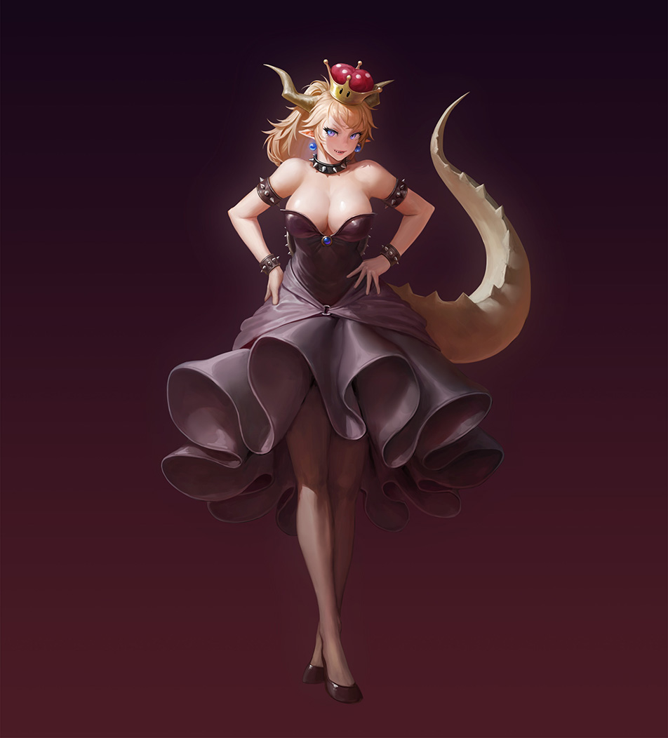 banajune blonde_hair blue_eyes bowsette bracelet breasts cleavage collar crossed_legs crown dress full_body hands_on_hips horns jewelry long_hair looking_at_viewer mario_(series) md5_mismatch new_super_mario_bros._u_deluxe pantyhose pointy_ears ponytail revision solo spiked_armlet spiked_bracelet spiked_collar spiked_tail spikes standing strapless strapless_dress super_crown tail watson_cross