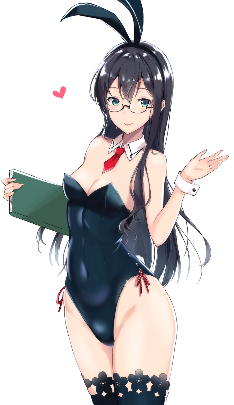 animal_ears black_hair black_leotard breasts brown_legwear bunny_ears bunny_tail bunnysuit clipboard commentary_request detached_collar fake_animal_ears hairband highres kantai_collection leotard long_hair necktie ooyodo_(kantai_collection) open_palm red_neckwear semi-rimless_eyewear simple_background small_breasts solo standing strapless strapless_leotard tail takaharu thighhighs under-rim_eyewear white_background wrist_cuffs