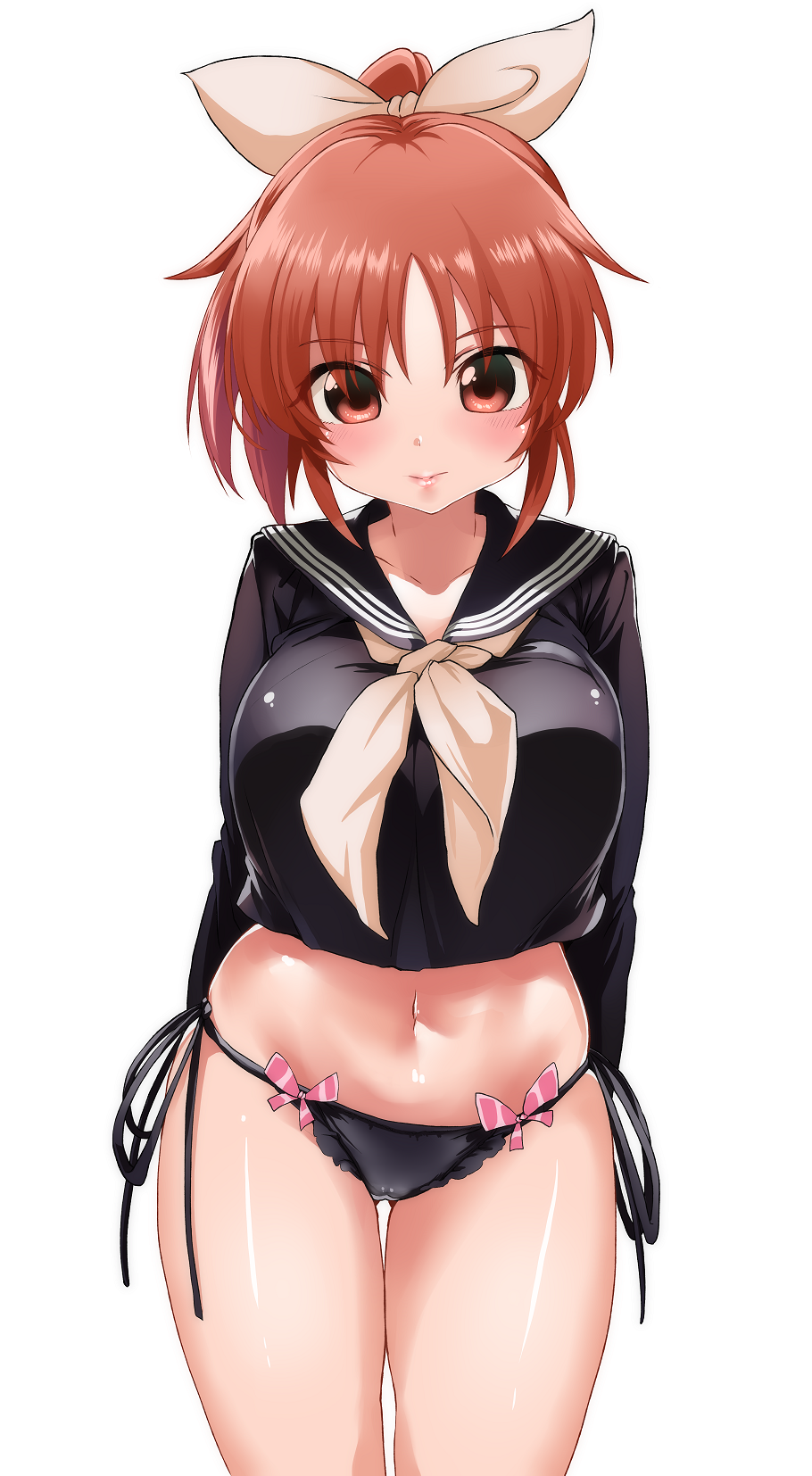 abe_nana arms_behind_back ass_visible_through_thighs black_panties black_sailor_collar black_serafuku black_shirt bow breasts brown_bow brown_eyes brown_hair brown_neckwear closed_mouth commentary_request eyebrows_visible_through_hair eyes_visible_through_hair hair_bow highres idolmaster idolmaster_cinderella_girls large_breasts long_sleeves looking_at_viewer midriff navel neckerchief no_pants panties ponytail sailor_collar school_uniform serafuku shift_(waage) shiny shiny_skin shirt short_hair side-tie_bottom side-tie_panties simple_background solo standing underwear white_background