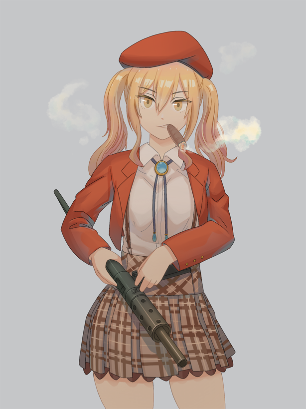 beret blonde_hair cigar commentary_request cowboy_shot cropped_jacket girls_frontline grey_background gun hat long_sleeves looking_at_viewer plaid plaid_skirt pleated_skirt sidelocks simple_background skirt smoke smoking solo sten_gun sten_mk2_(girls_frontline) tab_(tabkun) twintails weapon yellow_eyes