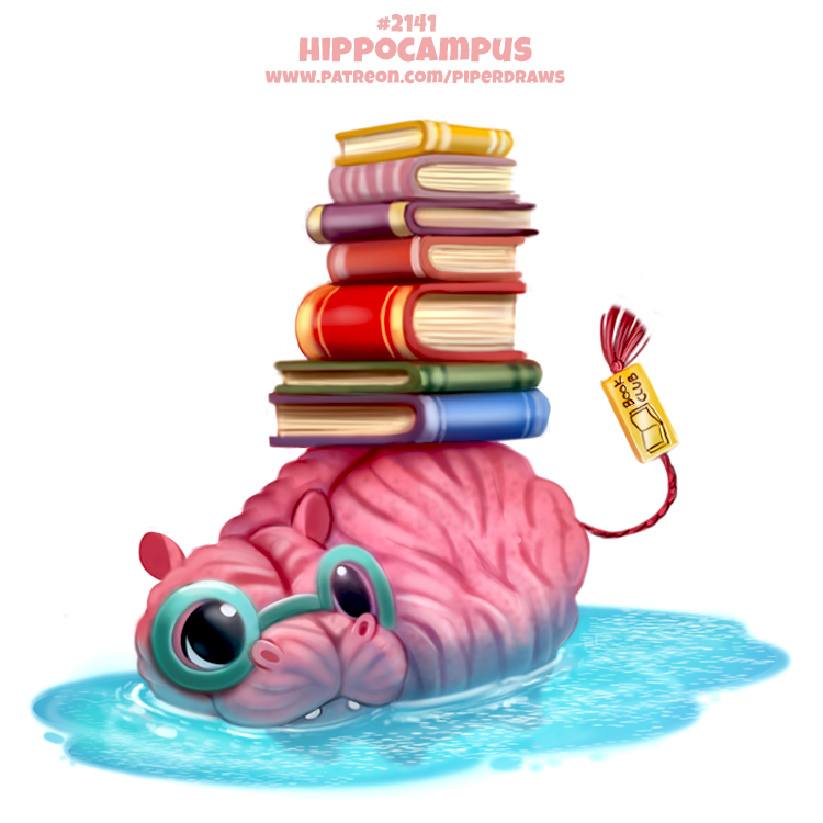 ambiguous_gender black_eyes book bookmark brain cryptid-creations english_text eyewear feral glasses hippopotamus humor mammal pun simple_background solo text water white_background