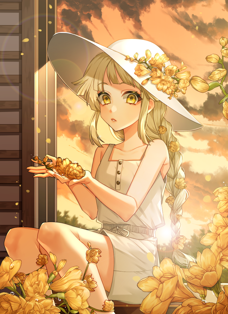 alternate_hairstyle bang_dream! bangs blonde_hair braid buttons collarbone dusk eyebrows_visible_through_hair flower hair_flower hair_ornament hat hat_flower holding holding_flower kjkj_(dirnrhd80) long_hair looking_at_viewer parted_lips shirt shirt_tucked_in shorts single_braid sitting sleeveless sleeveless_shirt solo sun_hat tsurumaki_kokoro water_drop white_hat yellow_eyes yellow_flower