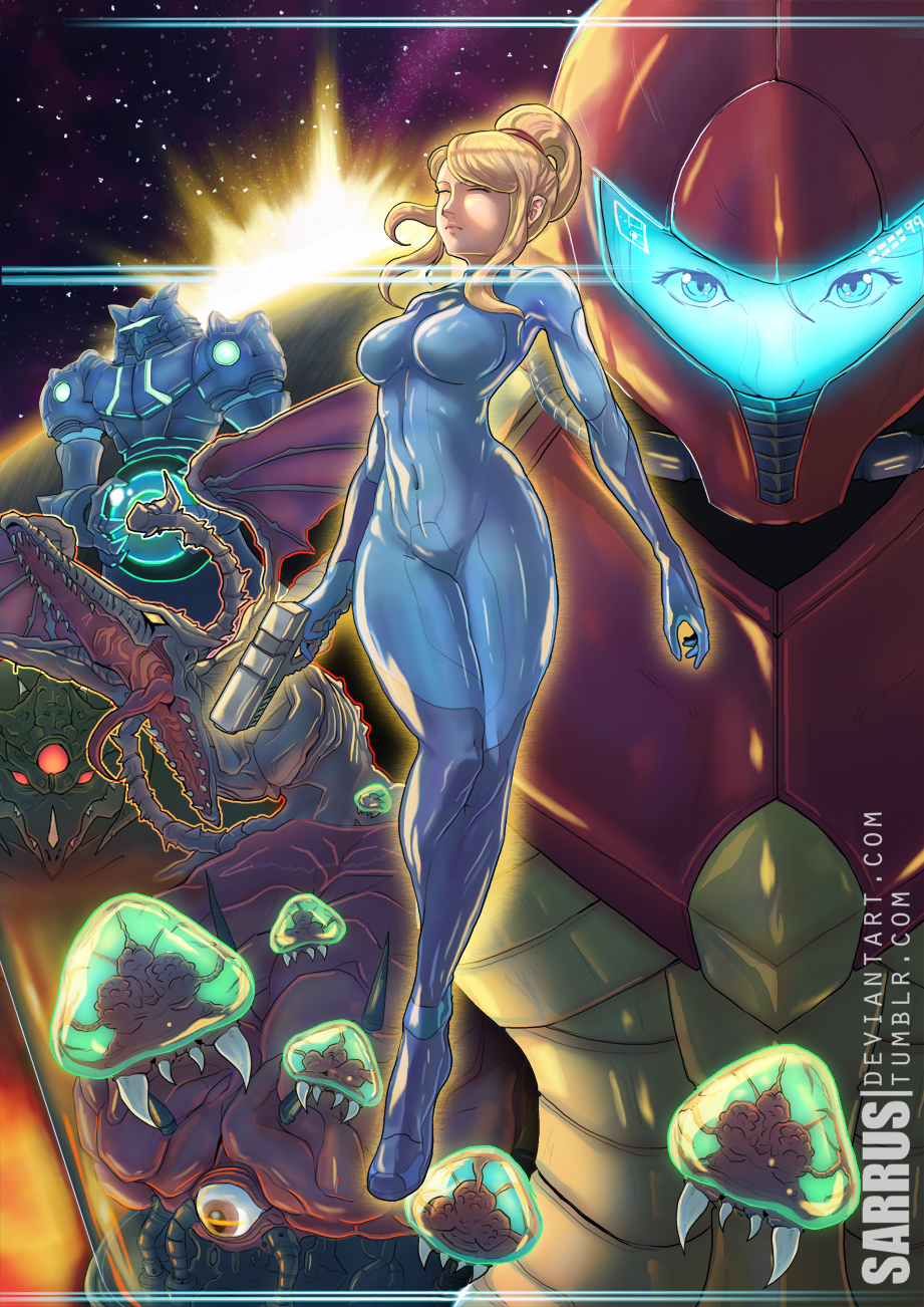 3girls alien armor artist_name blonde_hair blue_bodysuit blue_eyes bodysuit brain breasts chozo closed_mouth covered_navel dragon dual_persona eyes_closed female floating_hair full_body gun hair_tie handgun helmet highres holding holding_gun holding_weapon kraid legs_together long_hair looking_at_viewer medium_breasts metroid metroid_(creature) metroid_zero_mission mike_williams monster mother_brain multiple_girls nintendo one-eyed ponytail power_armor red_eyes reptile ridley samus_aran sarrus sharp_teeth shiny shiny_clothes skin_tight sky space spikes star_(sky) starry_sky teeth third_eye tied_hair tongue tongue_out varia_suit visor watermark weapon web_address wings yellow_eyes zero_suit