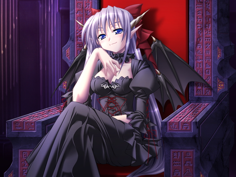 1girl artist_request bangs black_dress blue_eyes blush bow breasts cleavage closed_mouth collarbone corset demon_girl demon_wings dress eyebrows_visible_through_hair female game_cg hair_bow half-closed_eyes hand_up horns juliet_sleeves legs_crossed long_hair long_sleeves looking_at_viewer ma_ga_ochiru_yoru medium_breasts pointy_ears puffy_sleeves purple_hair red_bow red_ribbon ribbon sheliss_elleness_zurbach shiny shiny_hair sitting smile smug solo throne wings