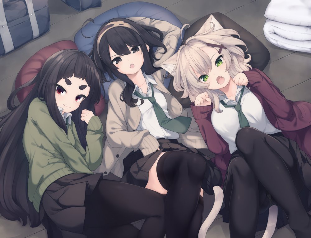 :o ahoge animal_ears antenna_hair bag bangs black_hair black_legwear black_skirt breasts brown_cardigan brown_hairband cardigan cat_ears cat_girl cat_tail closed_mouth collared_shirt commentary_request eyebrows_visible_through_hair fang feet_out_of_frame forehead girl_sandwich green_cardigan green_eyes hair_between_eyes hair_ornament hairband hand_up hands_up kuranami_shiki large_breasts light_brown_hair long_hair long_sleeves lying multiple_girls natsuki_teru nekomiya_ryuu on_back on_floor open_cardigan open_clothes open_mouth original panties panties_under_pantyhose pantyhose paw_pose pillow pleated_skirt red_cardigan red_eyes sandwiched school_bag shikibe_ayaka shirt short_eyebrows skirt sleeves_past_fingers sleeves_past_wrists small_breasts smile tail thick_eyebrows thighhighs underwear v-shaped_eyebrows very_long_hair white_shirt