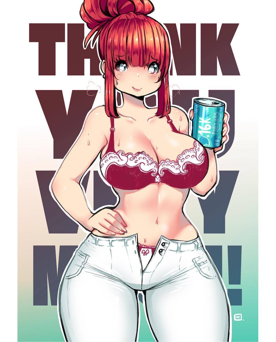 blue_eyes blush bra breasts can cleavage collarbone commentary curvy denim hair_bun hand_on_hip highres hits jeans kenron_toqueen lace lace-trimmed_bra large_breasts lingerie navel no_shirt open_fly original panties pants pantyshot pantyshot_(standing) red_bra red_hair red_panties sidelocks slender_waist smile soda_can solo standing stomach sweat thank_you thick_thighs thighs tomatita unbuttoned underwear