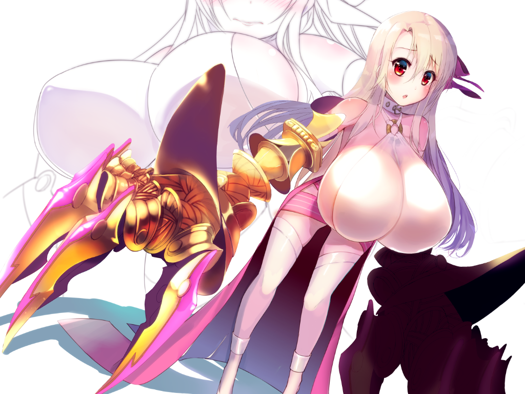 alternate_breast_size bare_shoulders blush breasts claws commentary_request cosplay fate/extra fate/extra_ccc fate/grand_order fate/kaleid_liner_prisma_illya fate_(series) hair_ribbon huge_breasts illyasviel_von_einzbern long_hair looking_at_viewer o-ring o-ring_top open_mouth oppai_loli p_answer passion_lip passion_lip_(cosplay) purple_ribbon red_eyes revealing_clothes ribbon solo very_long_hair white_hair