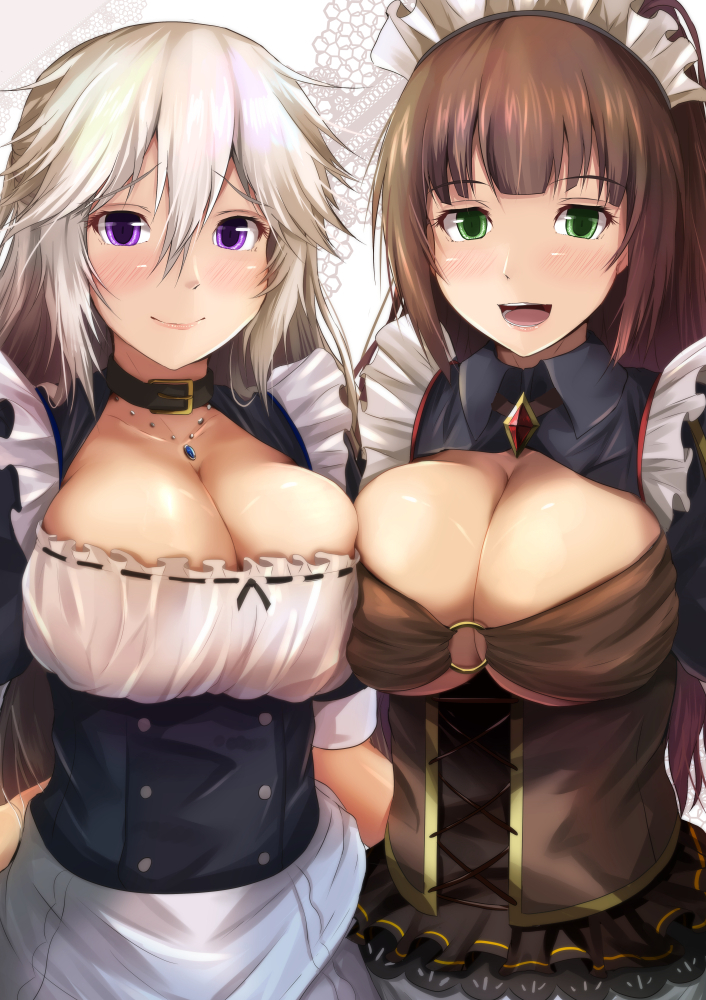 asymmetrical_docking bangs black_collar blunt_bangs blush breast_press breasts brown_hair cleavage closed_mouth corset dress eyebrows_visible_through_hair frilled_dress frills gem hair_between_eyes jewelry kanzaki_kureha large_breasts long_hair looking_at_viewer maid maid_headdress multiple_girls necklace o-ring o-ring_top open_mouth original puffy_short_sleeves puffy_sleeves ribbon-trimmed_dress short_sleeves side-by-side silver_hair smile
