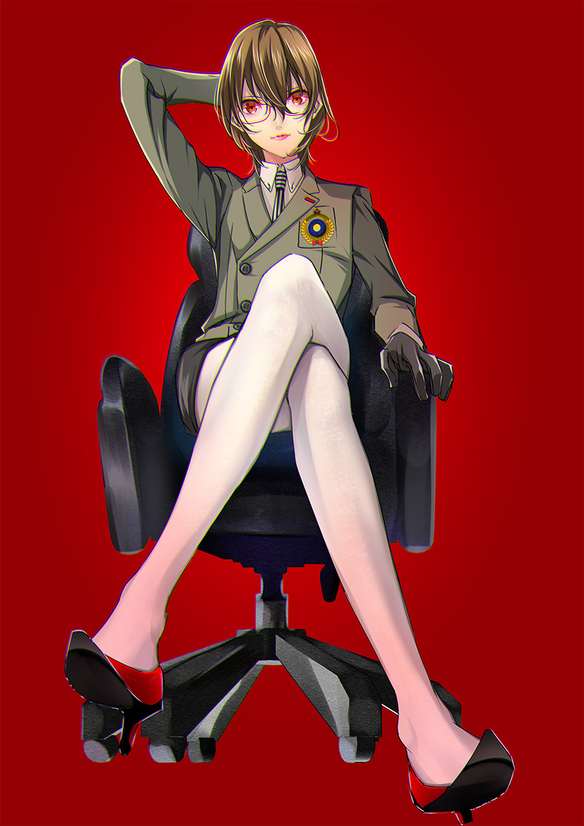 akechi_gorou brown_hair chair crossdressing crossed_legs from_below gloves hand_behind_head high_heels lipstick looking_at_viewer makeup mitsuha_(bless_blessing) necktie office_chair pale_skin pantyhose persona persona_5 red_background red_eyes short_hair simple_background sitting skirt solo uniform