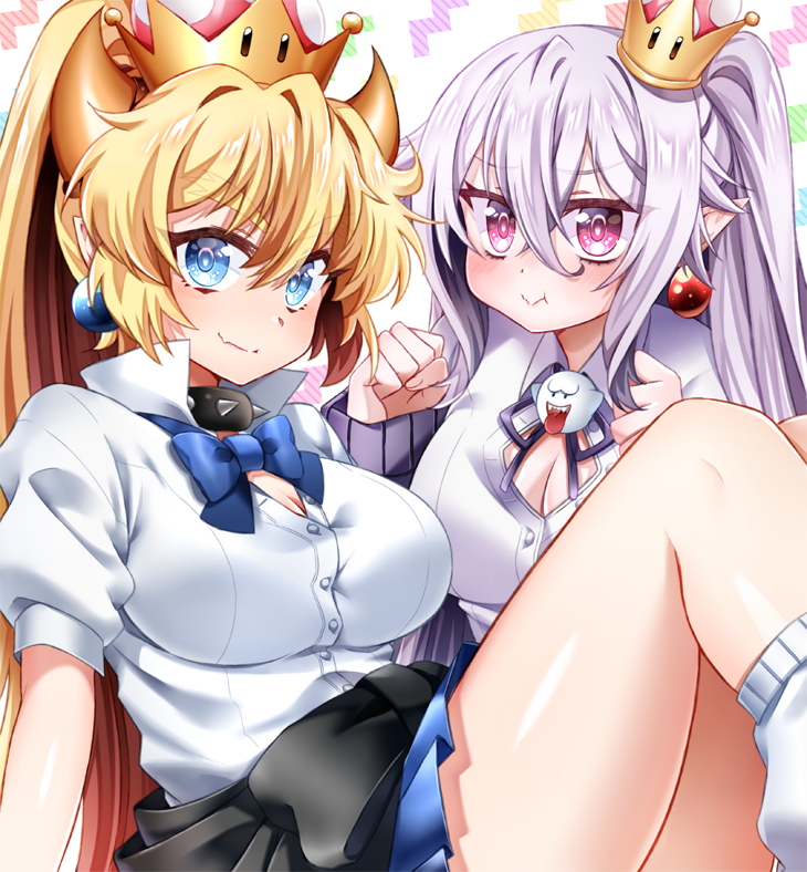 black_jacket blonde_hair blue_bow blue_eyes blue_skirt blush bow bowsette breasts cleavage clenched_hands clothes_around_waist collar collared_shirt commentary_request covered_navel crown earrings eyebrows_visible_through_hair fang forked_eyebrows hago hair_between_eyes horns jacket jacket_around_waist jewelry kneehighs large_breasts long_hair long_ponytail looking_at_viewer luigi's_mansion mario_(series) mini_crown multiple_girls new_super_mario_bros._u_deluxe pleated_skirt pointy_ears pout princess_king_boo purple_eyes purple_ribbon purple_shirt ribbon school_uniform shirt short_sleeves sitting skirt smile spiked_collar spikes super_crown thick_eyebrows tilted_headwear unbuttoned very_long_hair white_hair white_shirt