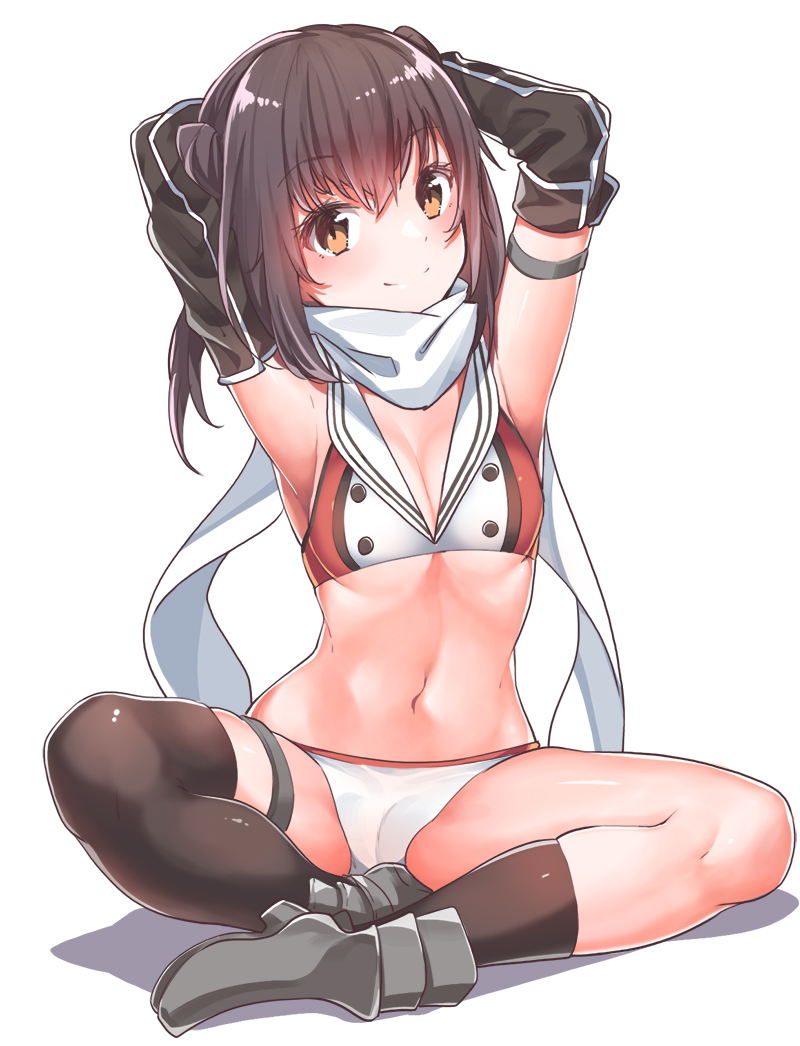 adapted_costume armpits arms_up bangs bikini black_hair black_legwear blush boots breasts brown_eyes cameltoe closed_mouth commentary_request eyebrows_visible_through_hair hair_between_eyes kantai_collection konnyaku_(kk-monmon) legs looking_at_viewer medium_hair navel remodel_(kantai_collection) scarf sendai_(kantai_collection) shoes simple_background single_thighhigh sitting small_breasts smile socks solo swimsuit thighhighs thighs white_background white_scarf